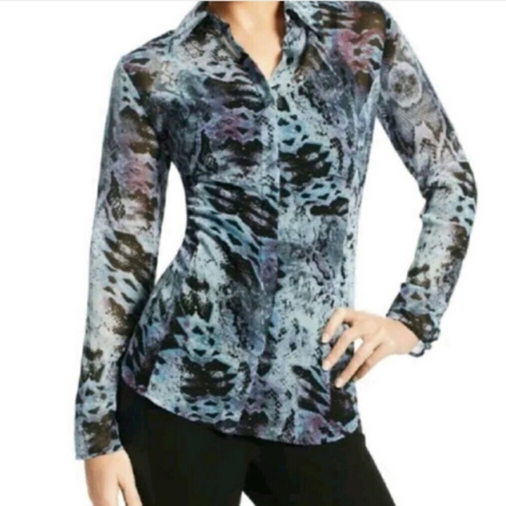 Cabi Python Print Button Up Semi Sheer Blouse Blu… - image 1